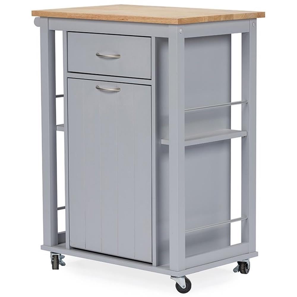Baxton Studio Yonkers Contemporary Kitchen Cart with Wood Top, Light Grey