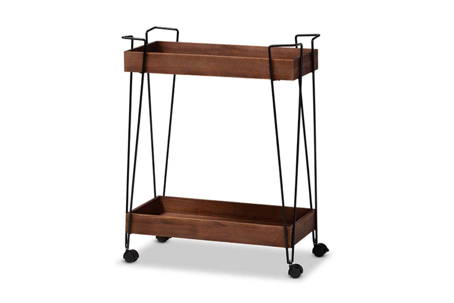 Baxton Studio Reynard Modern and Industrial Walnut Brown Finished Wood and Black Metal 2-Tier Wine Cart