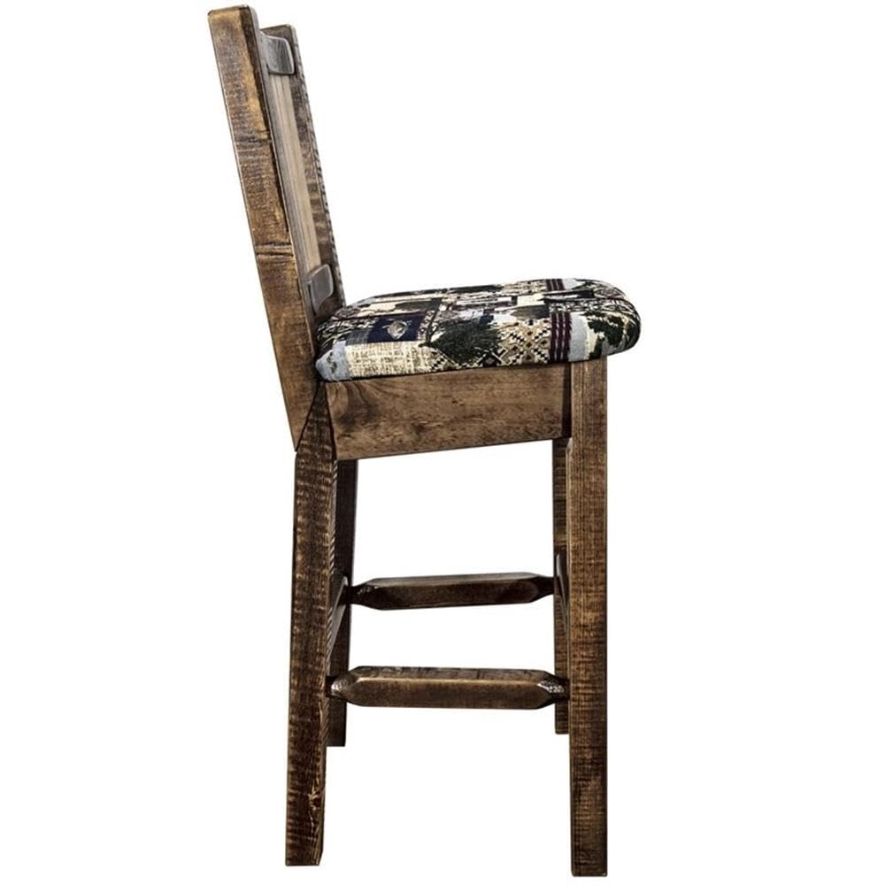 Montana Woodworks Homestead Collection Counter Height Barstool with Upholstered Seat, Woodland Pattern, Laser Engraved Wolf Design, Stained & Lacquered