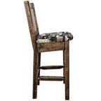 Montana Woodworks Homestead Collection Counter Height Barstool with Upholstered Seat, Woodland Pattern, Laser Engraved Wolf Design, Stained & Lacquered