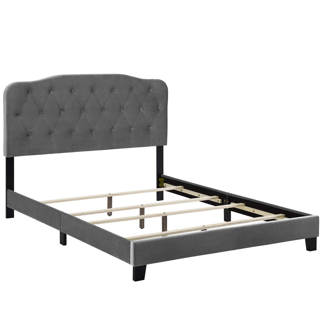 CasaFoyer Amelia Performance Velvet Queen Bed | Luxurious Design | Stain-Resistant | Button-Tufted Headboard | Solid Wood Construction | Non-Marking Legs | Maximum Stability | Elegant Curves | Opulent Appearance | Gray