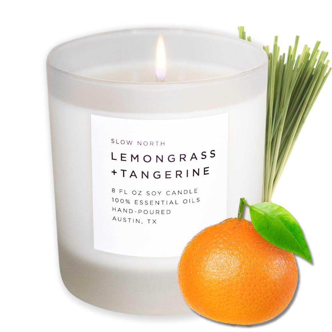 Slow North Lemongrass + Tangerine Candle - Essential Oils and Pure Soy Wax Candle in a Reusable Frosted Glass Jar - A Unique Sce