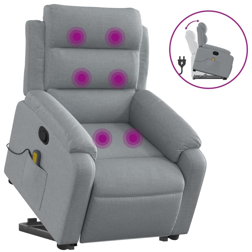 vidaXL Light Gray Fabric Power Lift Massage Recliner Chair - Motorized Armchair for Elderly, Manual Recline, Vibration, Sturdy F