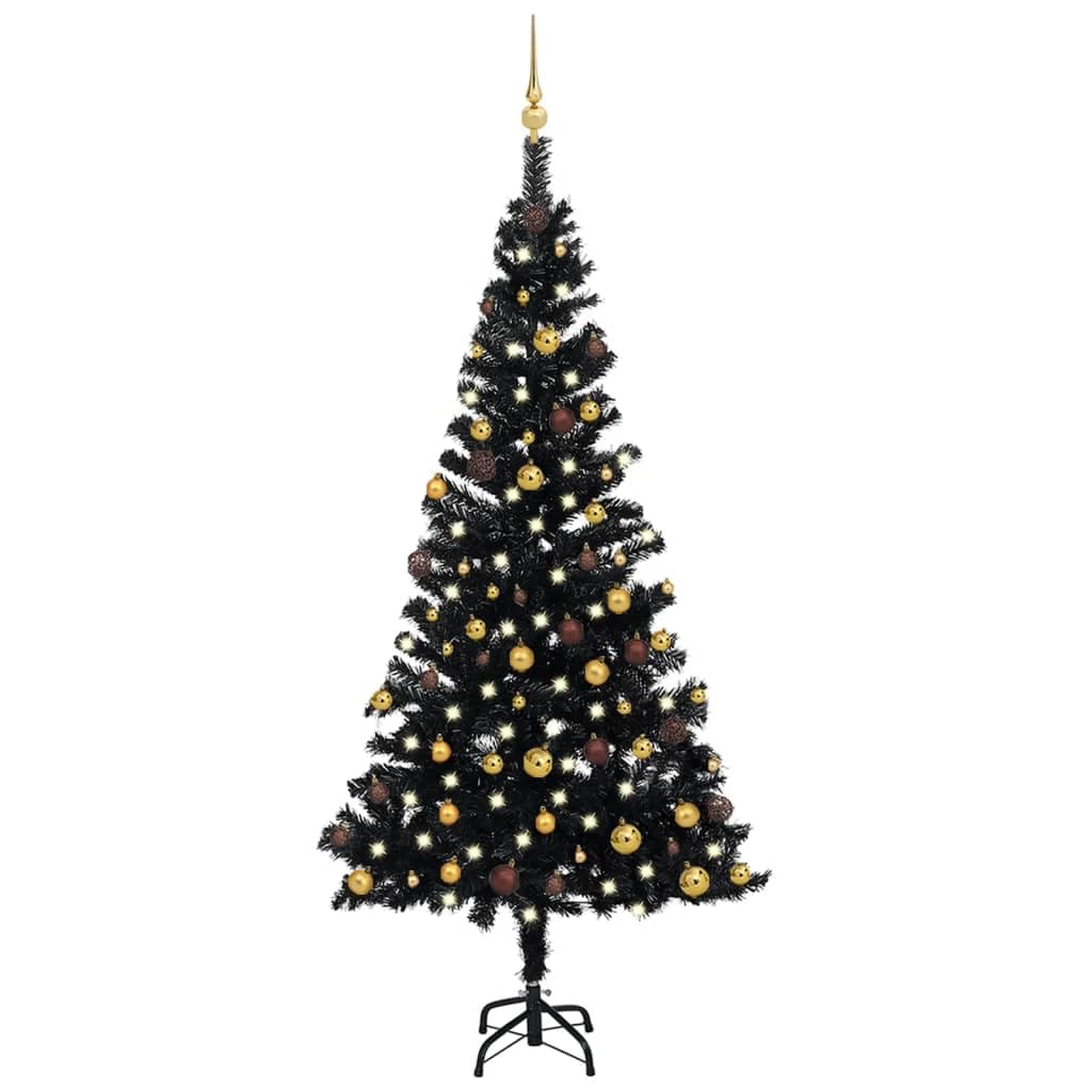 vidaXL Black Artificial Christmas Tree with LEDs and Ball Set - PVC Material - 59.1&quot; Height - Ideal for Holiday Decorations - Energy-Efficient LED Lights - USB Connection