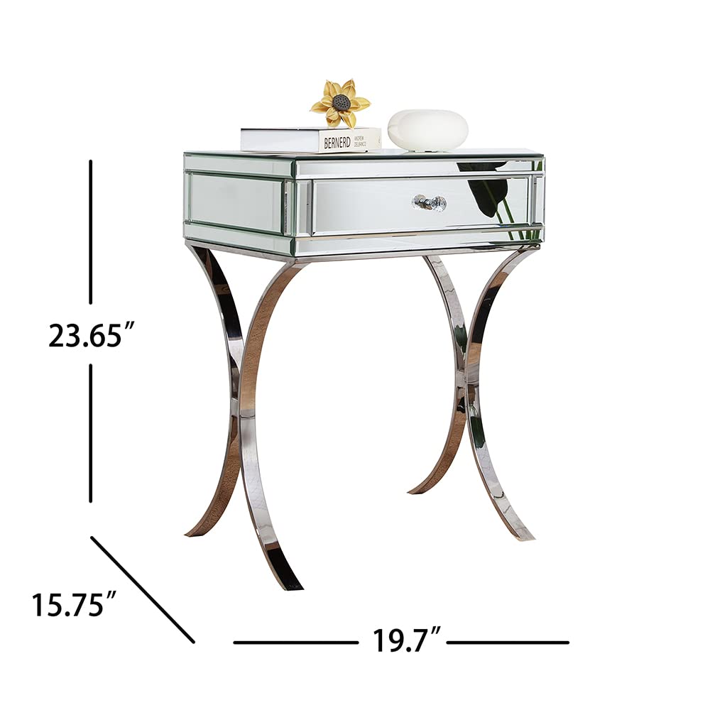 HomeRoots MDF, Glass, Metal Mirrored Silver Finish Nightstand Drawer