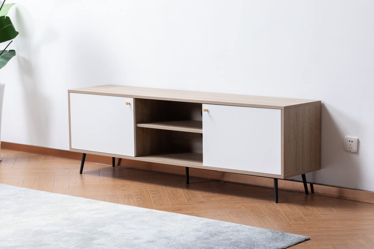 Aurora 69&Quot; Light Brown Wood Finish Tv Stand With 2 White Cabinets And Modular Shelves