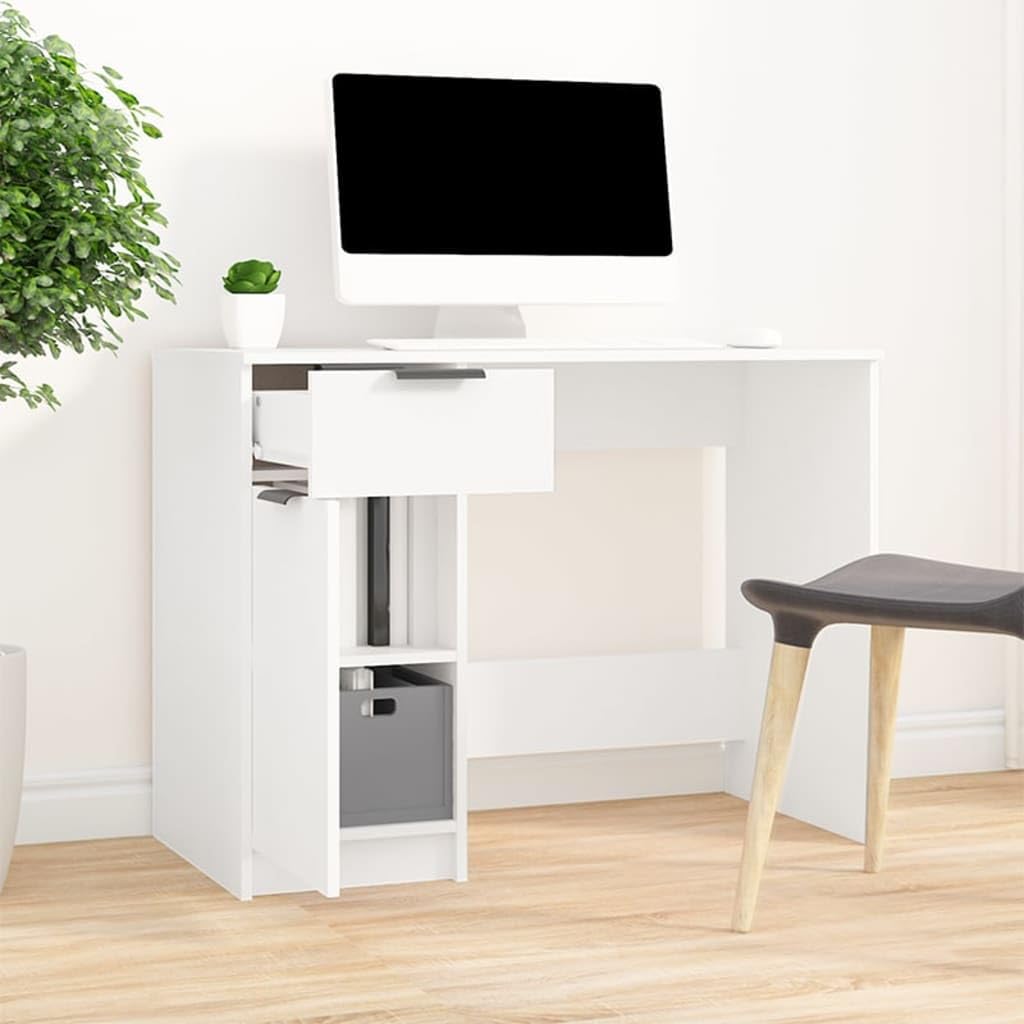 vidaXL Desk in White - Contemporary Design Engineered Wood Desk with Storage Compartments - Multipurpose Workspace Solution