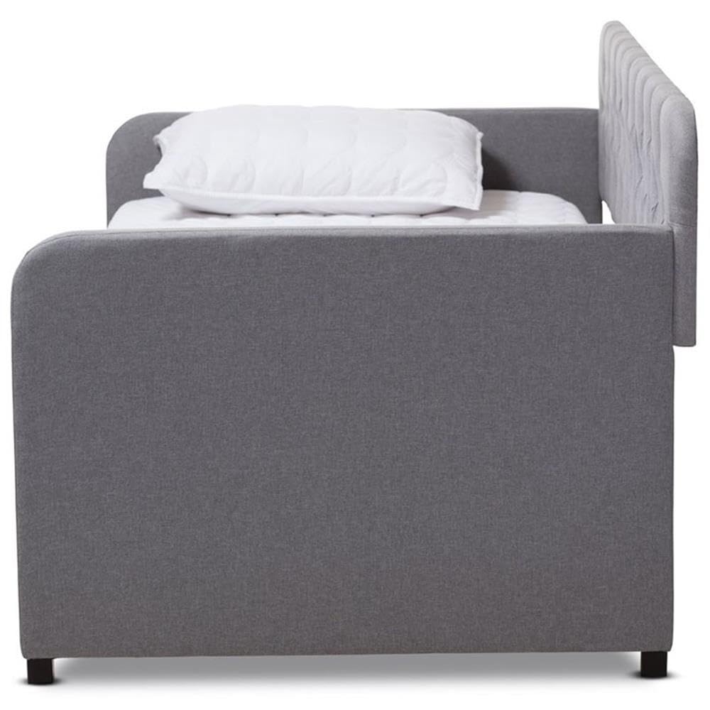 Baxton Studio Camelia Modern and Contemporary Grey Fabric Upholstered Button-Tufted Twin Size Sofa Daybed with Roll-Out Trundle Guest Bed