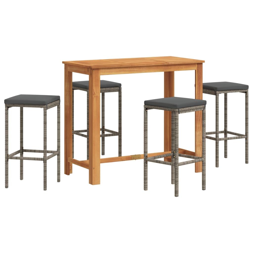 vidaXL 5-Piece Patio Bar Set - Gray Poly Rattan and Solid Acacia Wood, Contemporary Outdoor Furniture with Cushions, Grey, 3295284