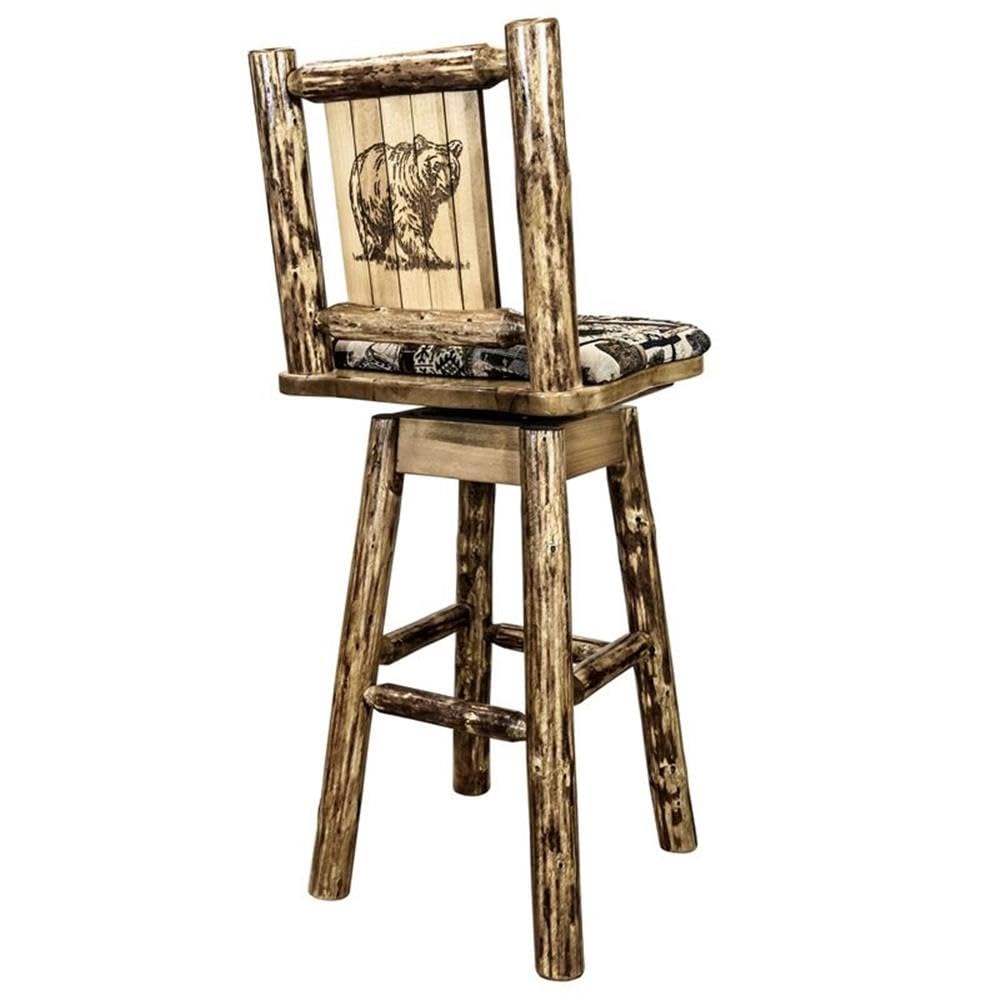Montana Woodworks Glacier Country Collection Barstool with Back & Swivel, Upholstered Seat, Woodland Pattern with Laser Engraved Bear Design, Stained & Lacquered