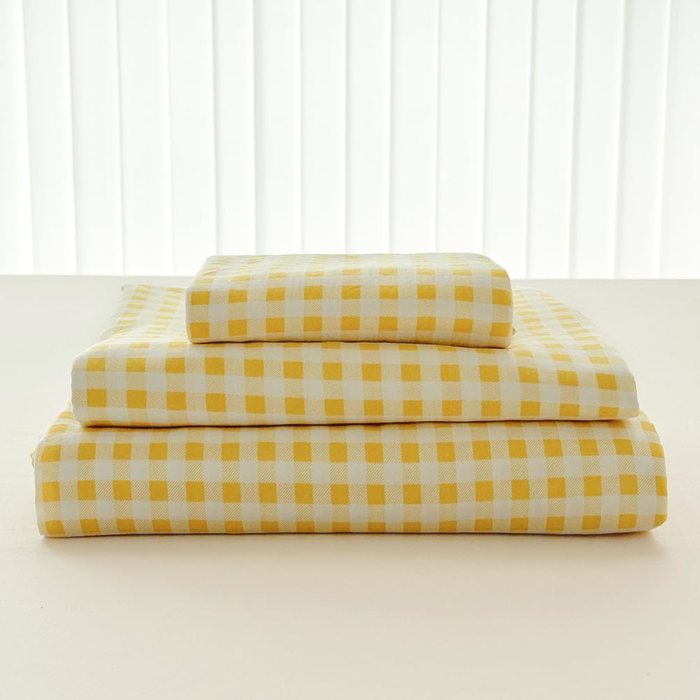 NSNLGSGC Yellow Gingham Twin Sheet Set, Soft Brushed Microfiber Yellow Plaid Twin Bed Sheets, 3-Pieces Sheet Set with Deep Pocke