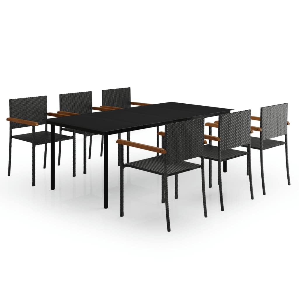 vidaXL 7 Piece Outdoor Dining Set | Black Patio Furniture | Table and Chairs | PE Rattan | Solid Acacia Wood | Powder-Coated Steel Frame | Smooth Glass Tabletop