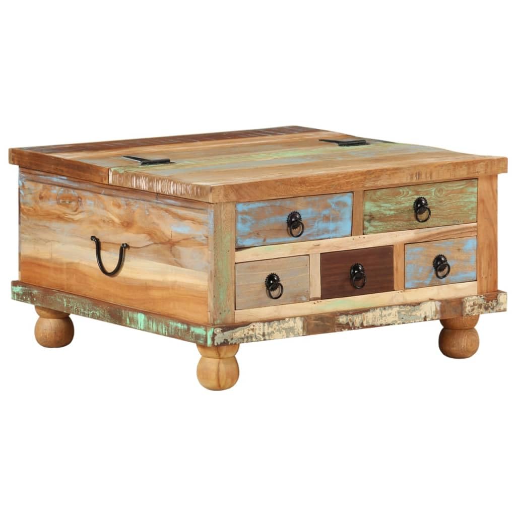vidaXL Brown Multicolor Reclaimed Wood Coffee Table | Square Design with Large Storage Compartment | Equipped with 5 Drawers | Polished, Painted, Lacquered Finish | Ideal as End or Side Table