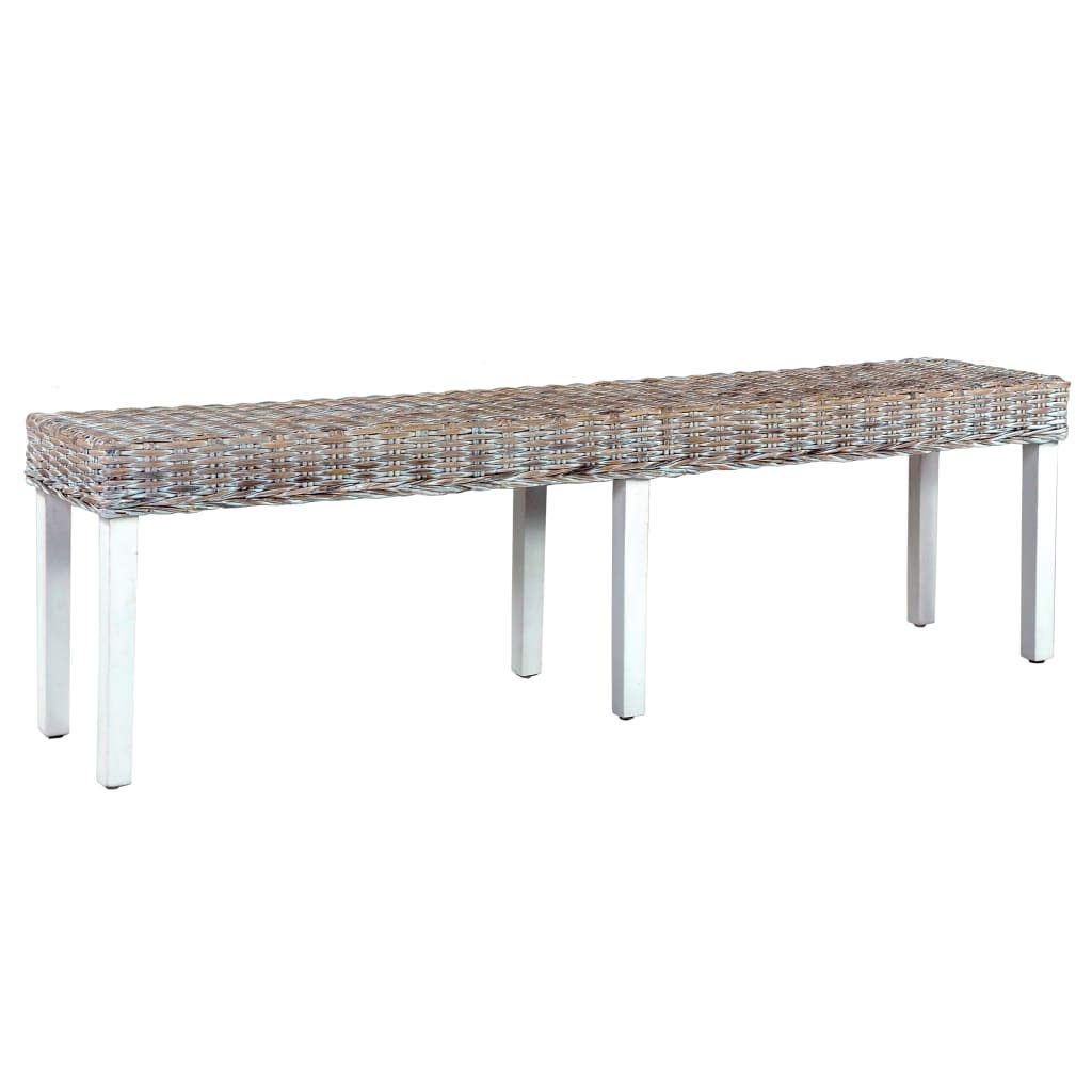 vidaXL Solid Mango Wood & White Kubu Rattan Bench 63&quot; - Lounge/Hall/Dining Seating, Easy to Assemble, Natural Look