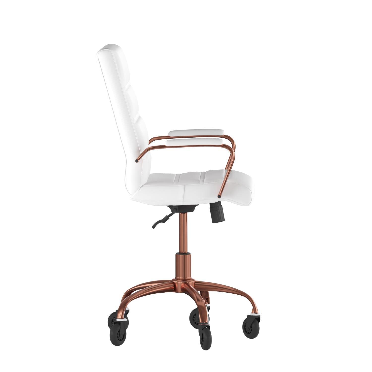 Flash Furniture Camilia Mid-Back Executive Swivel Office Chair With Rose Gold Frame, Arms, And Transparent Roller Wheels, 24&Quot;, White Leathersoft