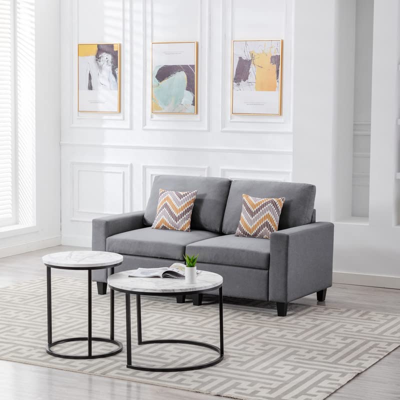 Lilola Home Nolan Gray Linen Fabric Loveseat with Pillows and Interchangeable Legs