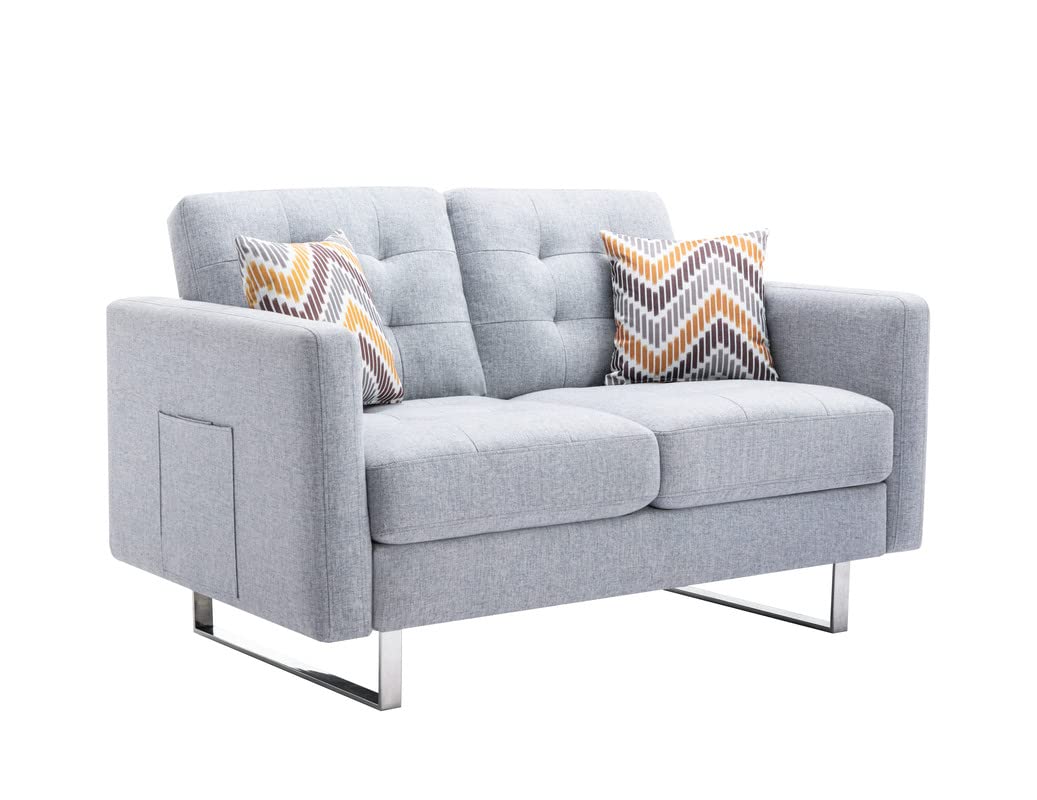 Lilola Home Victoria Light Gray Linen Fabric Loveseat with Metal Legs, Side Pockets, and Pillows