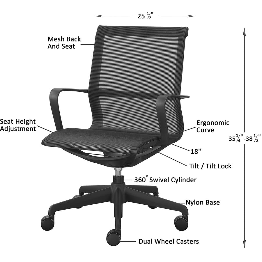 Lorell Executive Mesh Mid-Back Chair, 38.5&quot; x 26.3&quot; x 26.3&quot;, Black