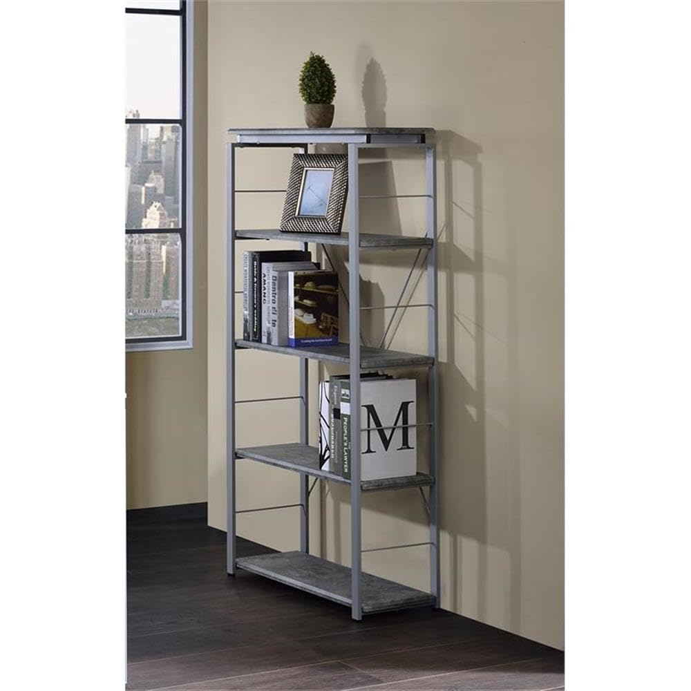 Acme Jurgen 5 Wooden Tiers Rectangular Bookshelf In Gray And Silver
