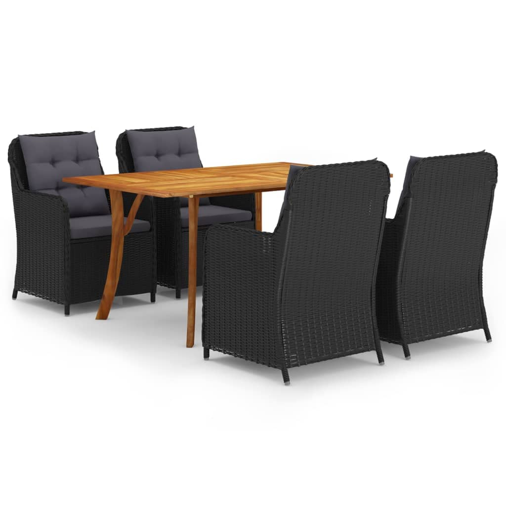 vidaXL 5-Piece Patio Dining Set - Solid Acacia Wood Table with Black PE Rattan Chairs - Includes Cushions - Stylish and Sturdy - Perfect for Outdoors