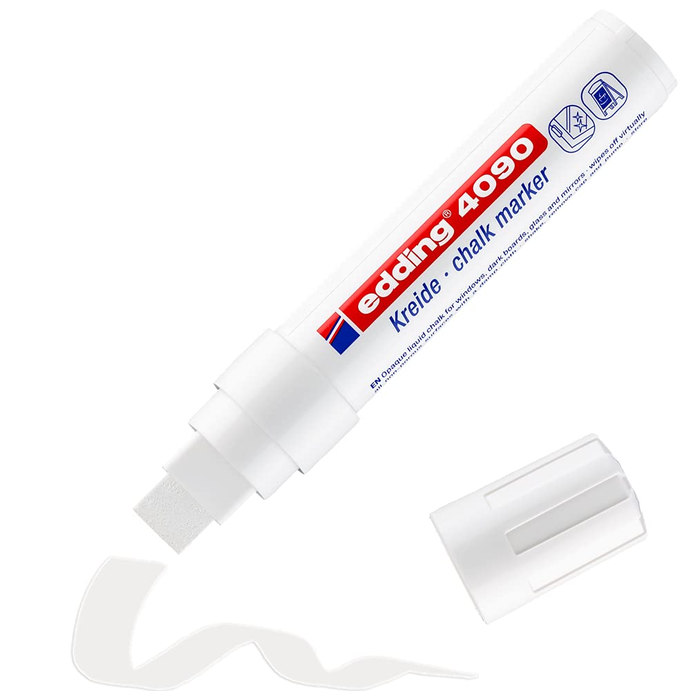Edding 4090 Chalk Marker - White - 1 Chalk Pen - Chisel Nib 4-15 Mm - Broad-Nib Wet Wipe Pen For Chalkboards, Windows, Glass, Mi