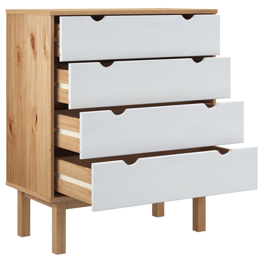 vidaXL Drawer Cabinet OTTA - Brown & White - Scandinavian Solid Wood Pine - 30.1&quot;x15.6&quot;x35.4&quot; - Four Drawers, OTTA Range - Stable and Durable