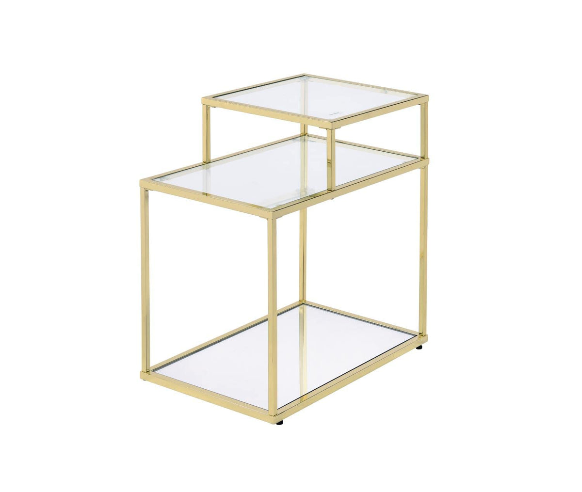 Acme Uchenna Glass Side Table with 2 Open Storage Compartments in Clear and Gold