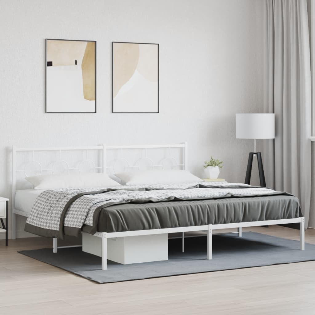 vidaXL White Metal King Bed Frame with Elegant Headboard - 76x79.9 Industrial Steel Construction, Breathable Slats, Added Bedroom Storage