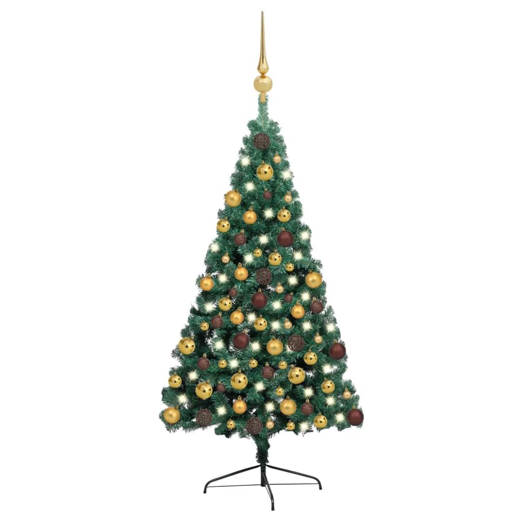 vidaXL Artificial Half Pre-lit Christmas Tree with Ball Set - Green, PVC, 70.9&quot; Height, 150 LED Lights, USB Connection, Space-Saving Design