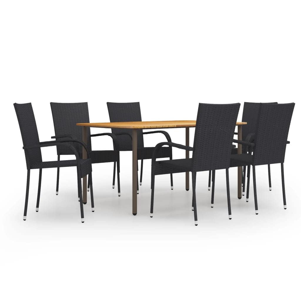 vidaXL 7-Piece Patio Dining Set – Poly Rattan Black – Outdoor Farmhouse Style – Solid Acacia Wood Table with Powder-Coated Steel Frame – Stackable Dining Chairs for Easy Storage
