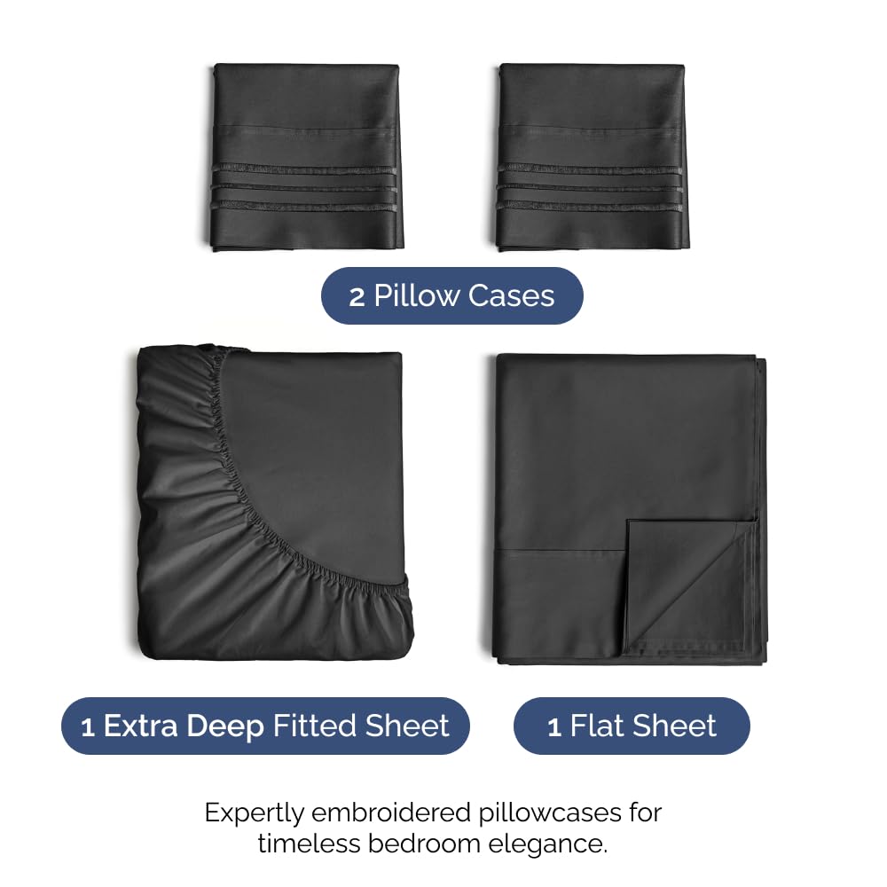 Extra Deep Pocket King Sheets - 4 Piece Breathable & Cooling Bed Sheets - Hotel Luxury Bed Sheet Set - Soft, Wrinkle Free & Comfy - Easily Fits Extra Deep Mattresses - Deep Pocket Black Sheets Set