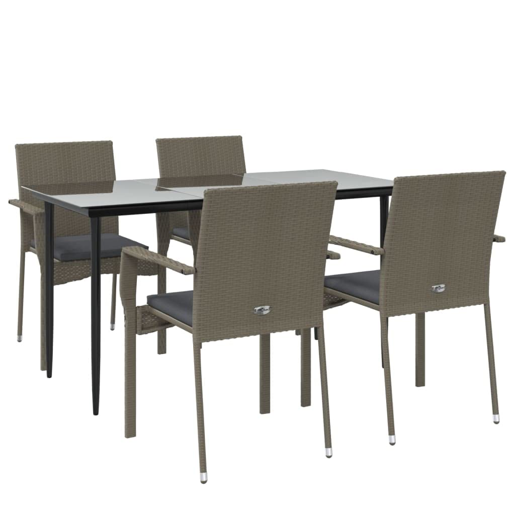 vidaXL 5-Piece Outdoor Patio Dining Set- Black and Gray Poly Rattan with Weather-Resistant Material, Powder-Coated Steel Frames, Tempered Glass Tabletop