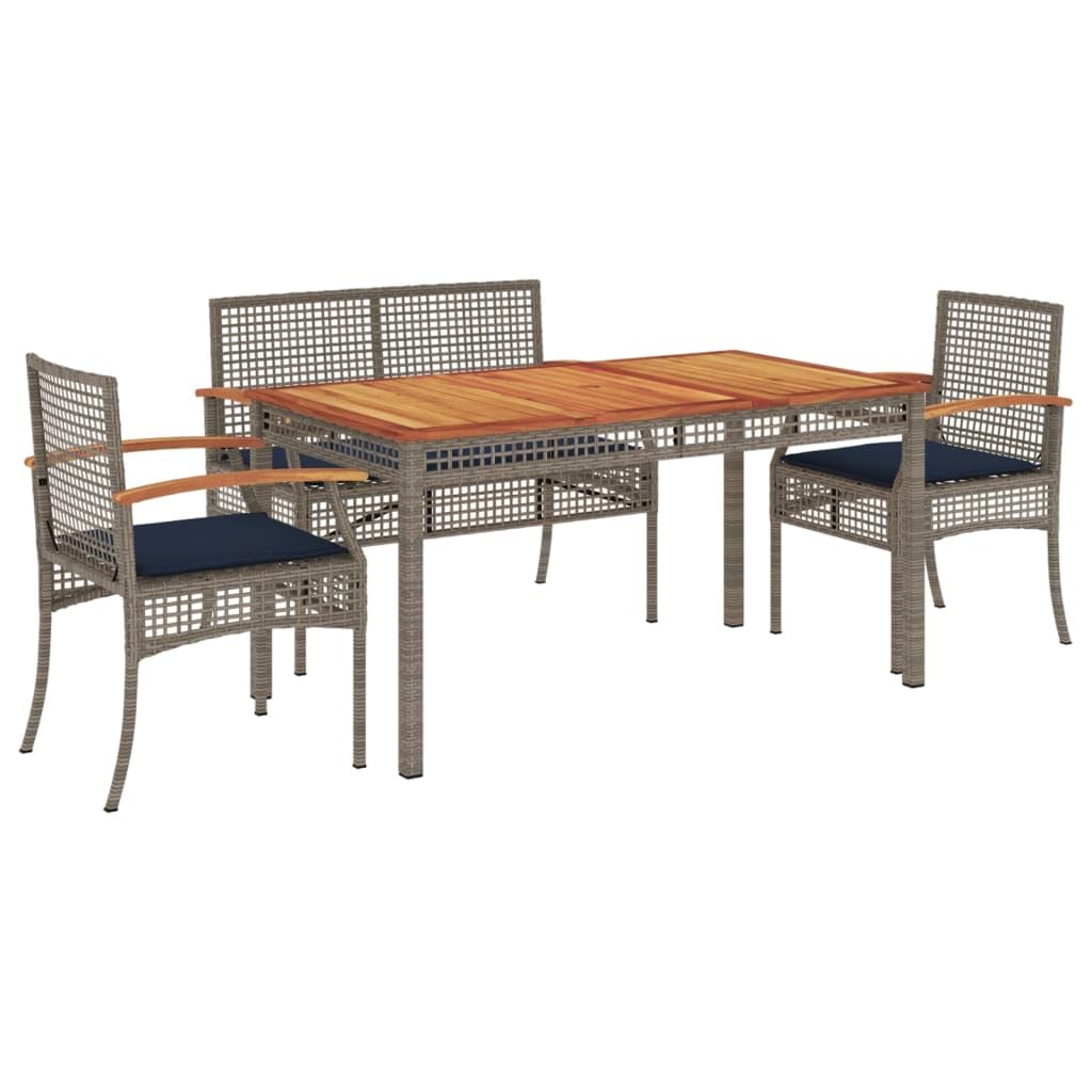 vidaXL Patio Dining Set with Cushions - Outdoor Furniture 4 Piece, Gray Poly Rattan with Acacia Wood Tabletop - Ideal for Garden, Backyard, Patio, Deck - Comfortable Navy Blue Cushions