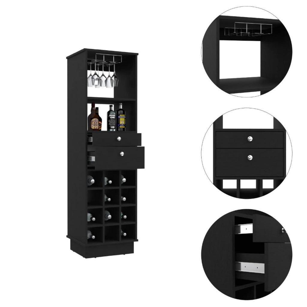 DEPOT E-SHOP Black Bar-Coffee Cart 32"" H, Kitchen Or Living Room Cabinet Storage, with 4 Wheels, Folding Surface, 2 Central Drawers Covered by Folding Doors, Ideal for Storing Glasses, and Snacks.
