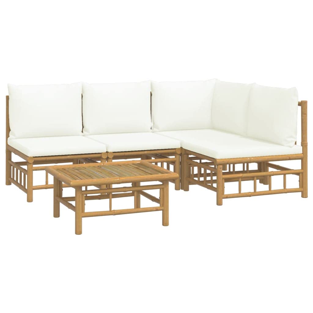 vidaXL Farmhouse Styled Bamboo Patio Lounge Set - 5 Piece Outdoor Furniture Set with Cream White Cushions - Flexible Modular Des