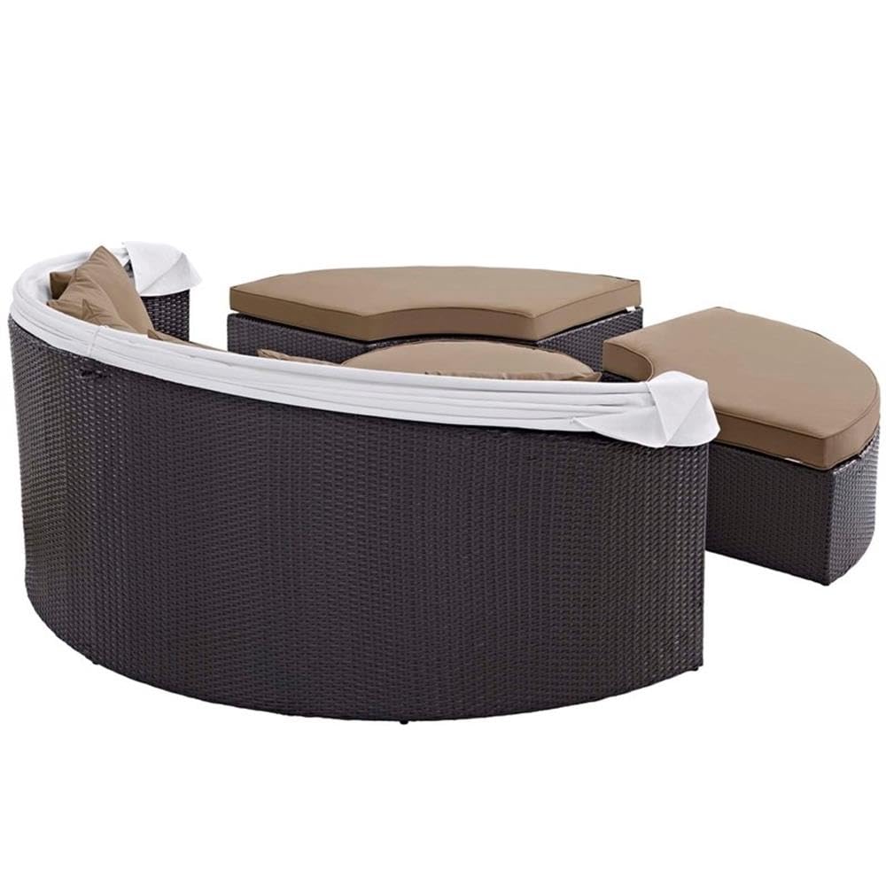 Modway Convene Wicker Rattan Outdoor Patio Retractable Canopy Round Poolside Sectional Sofa Daybed With Cushions In Espresso Mocha
