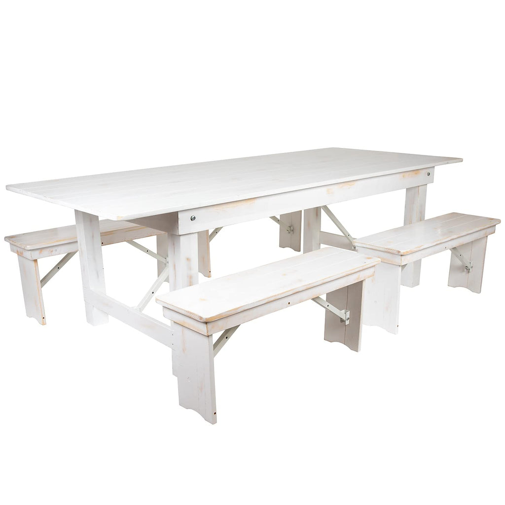 Flash Furniture Hercules Series 8' X 40" Antique Rustic White Folding Farm Table And Four 40.25"L Bench Set