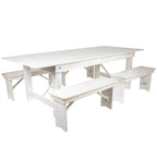 Flash Furniture Hercules Series 8' X 40" Antique Rustic White Folding Farm Table And Four 40.25"L Bench Set