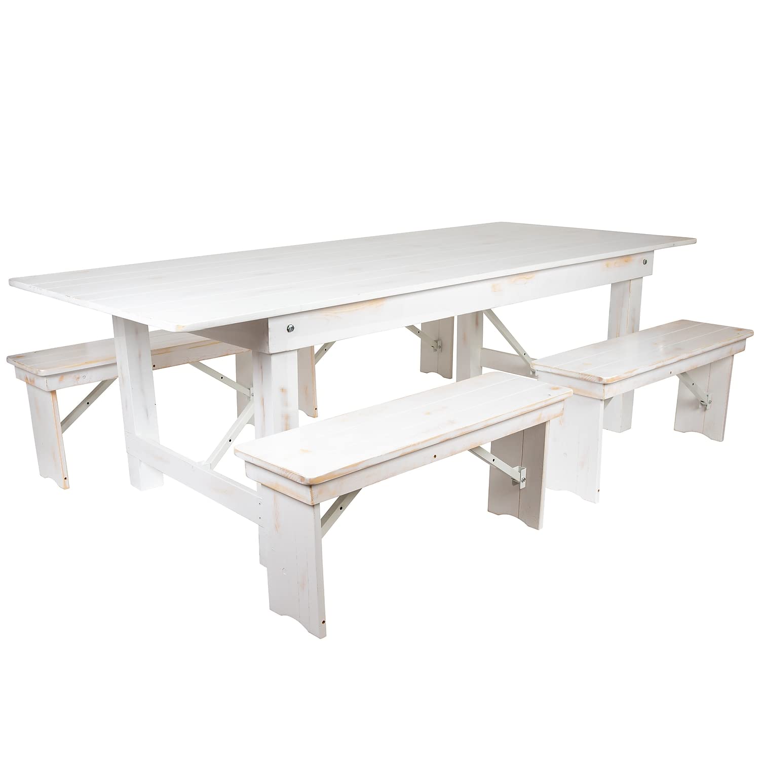 Flash Furniture Hercules Series 8' X 40" Antique Rustic White Folding Farm Table And Four 40.25"L Bench Set