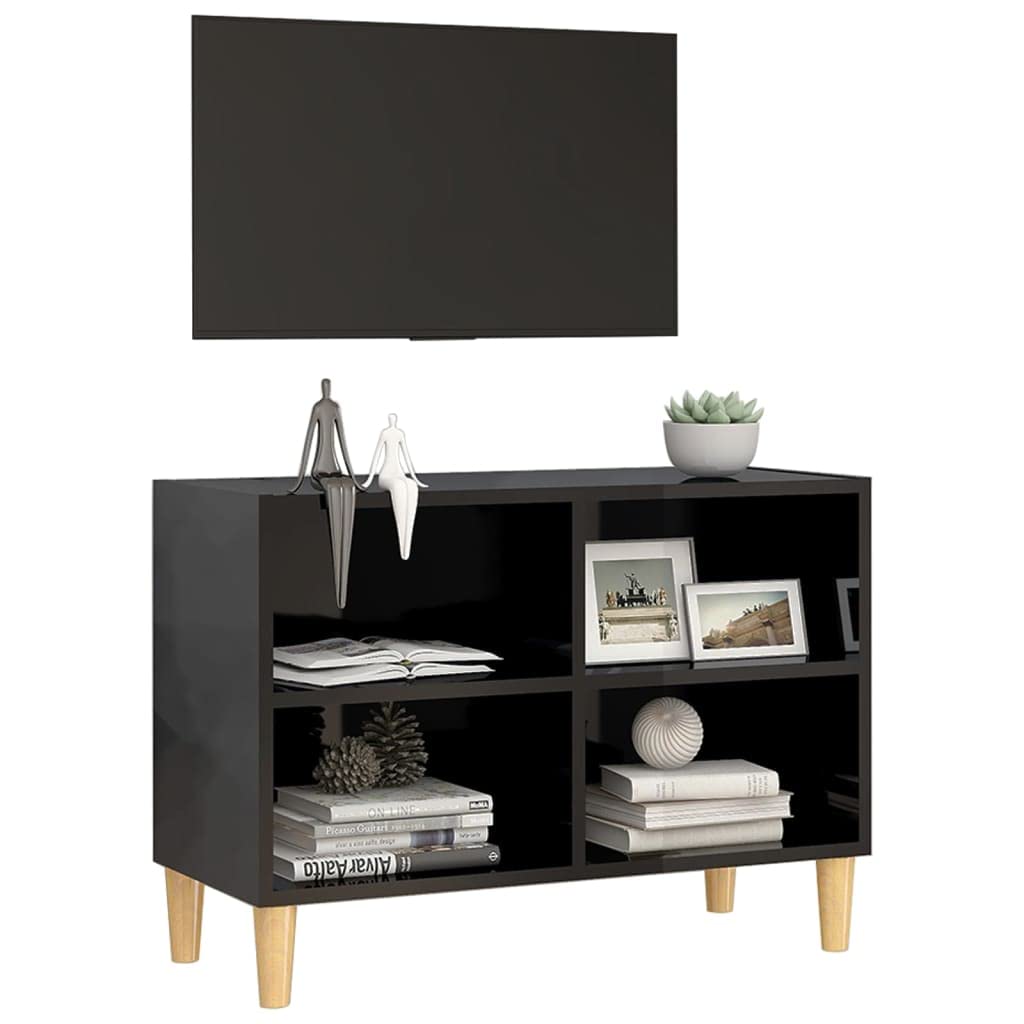 vidaXL TV Cabinet with Solid Wood Legs High Gloss Black 27.4&quot;x11.8&quot;x19.7&quot;