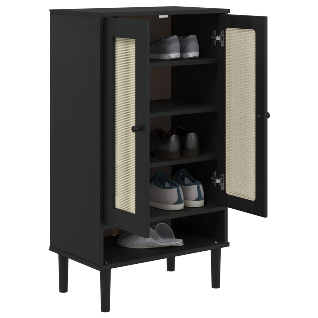 vidaXL Wooden Shoe Cabinet SENJA with Rattan Look Surface, Solid Pine Wood with Black Finish, Organizational Storage, Modern Style