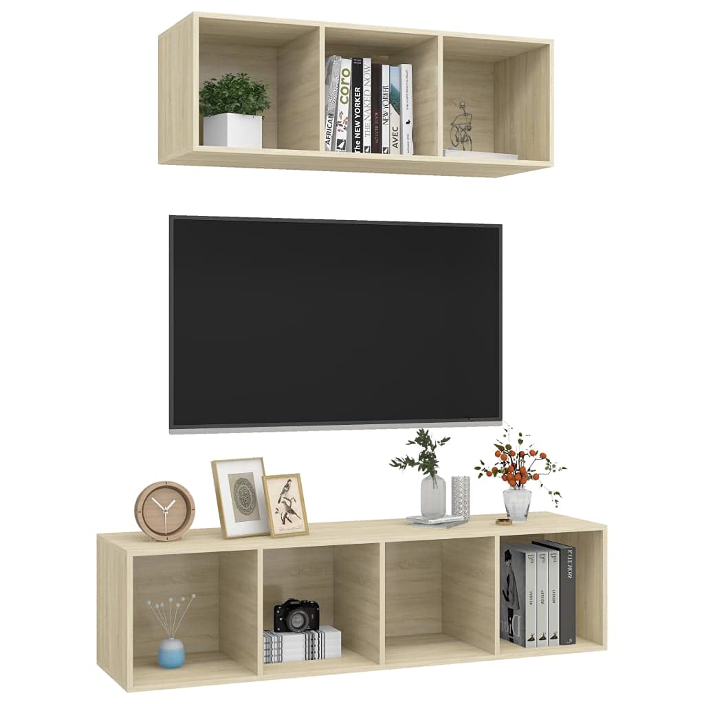 vidaXL Modern TV Stand Set in Sonoma Oak - 2 Piece Engineered Wood Hanging TV Cabinet with Storage Room - Easy Assembly Required
