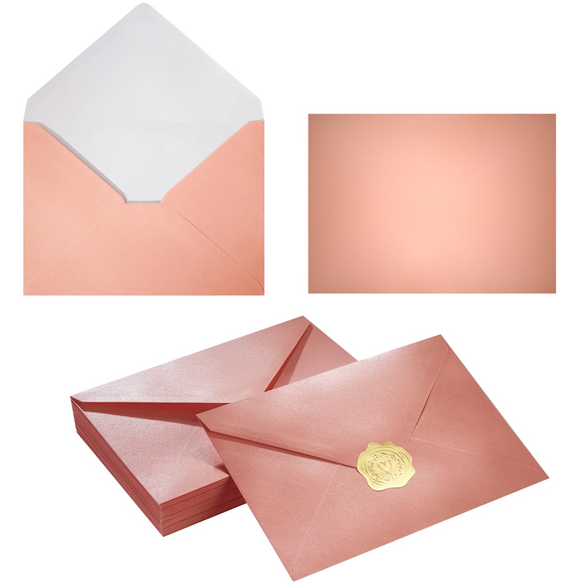 50 Pieces Pink Shiny Envelopes With Gold Stickers For Wedding Invitation Cards, Graduation, Baby Shower, Greeting Cards (Pink, A