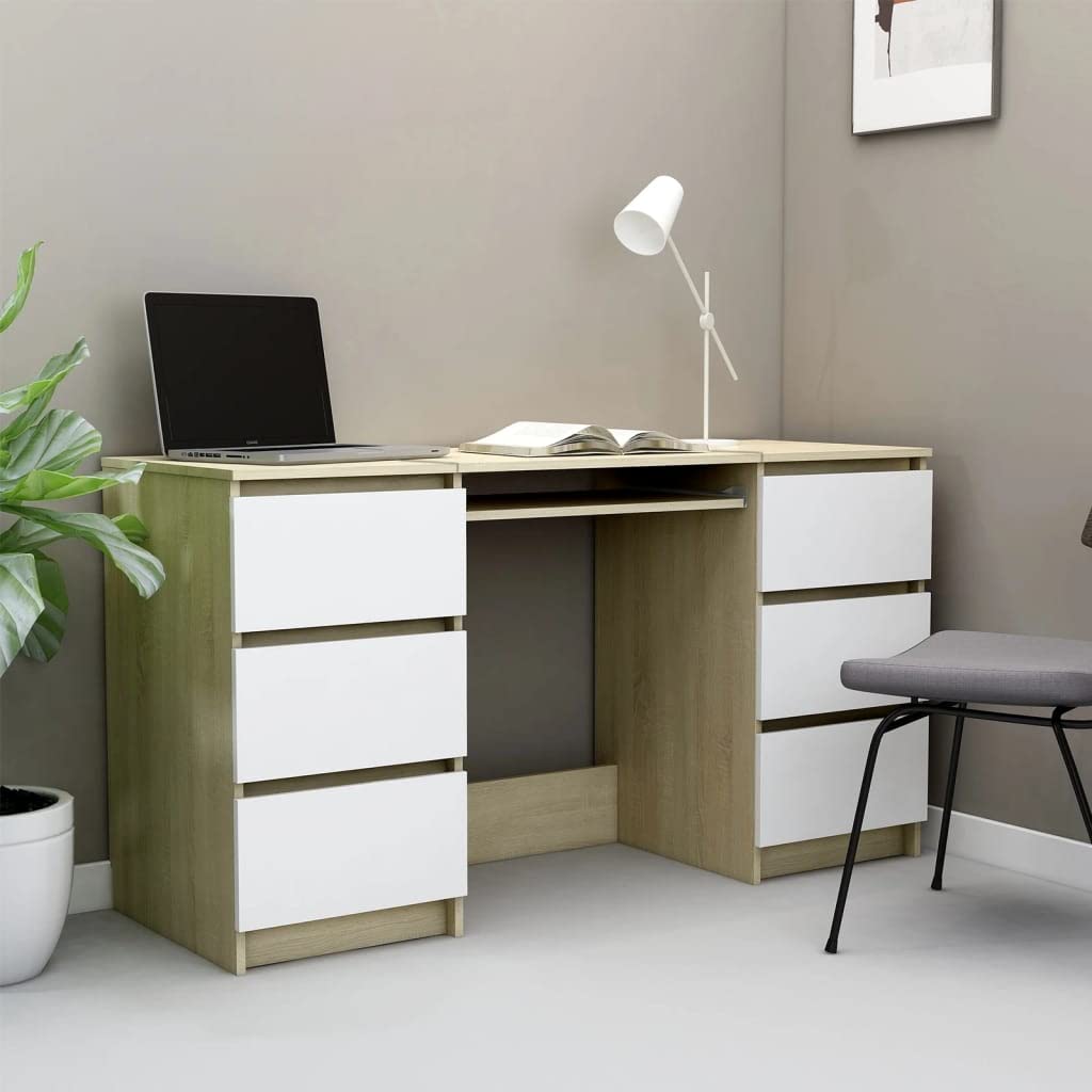 vidaXL Engineered Wood Writing Desk - White and Sonoma Oak Finish - Compact and Space-Saving Design with 6 Drawers - Ideal for Office, Dorm or Study Room