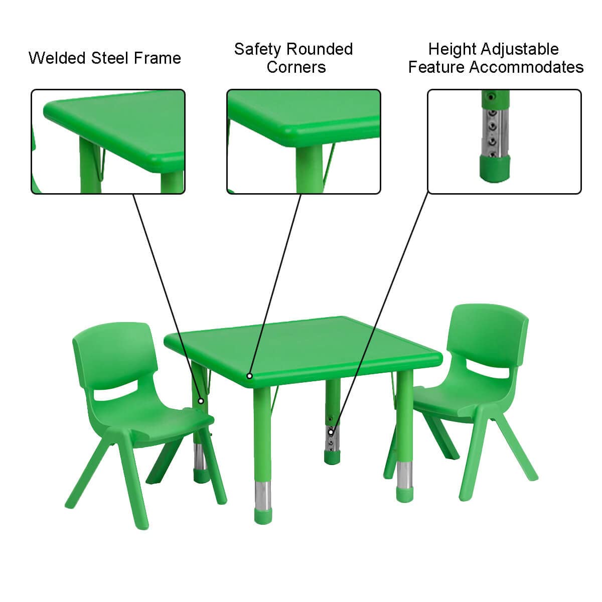 Flash Furniture Square Activity Table Set, 24&quot;W x 24&quot;D x 14.50&quot; - 23.75&quot;H, Green