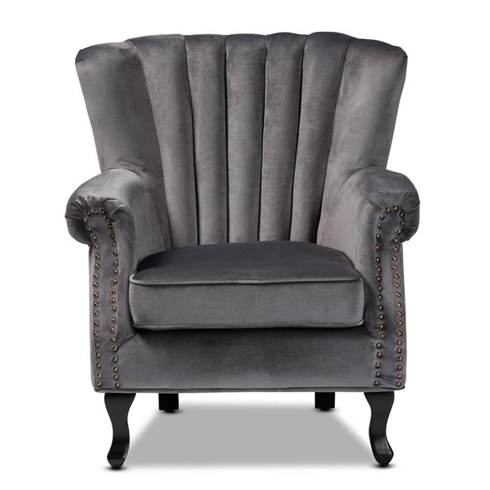 Baxton Studio Relena Gray Velvet and Dark Brown Finished Wood Armchair