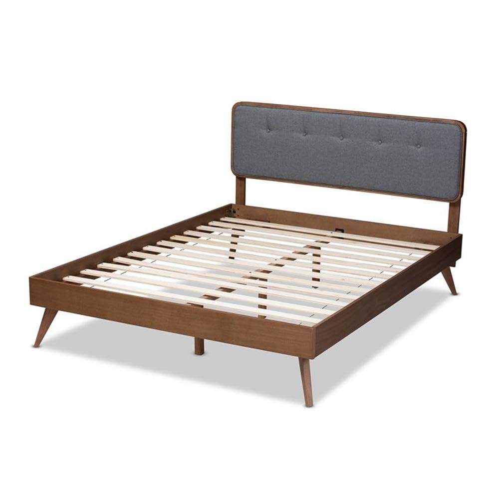 Baxton Studio Dilara Mid-Century Modern Dark Grey Fabric Upholstered Walnut Brown Finished Wood King Size Platform Bed
