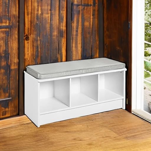 Closetmaid 1631 Cubeicals 3-Cube Storage Bench, White With Gray Cushion