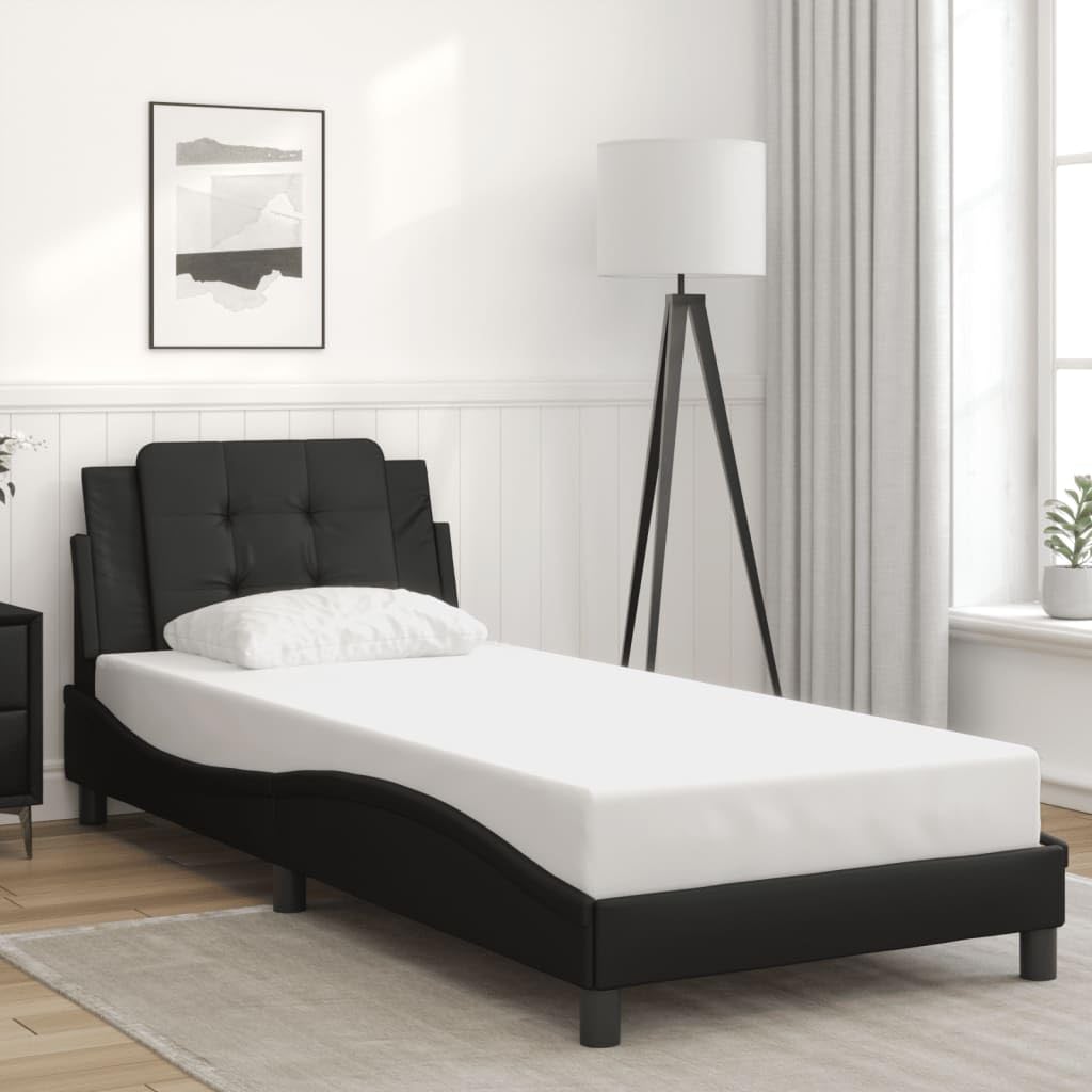 vidaXL Twin Bed Frame with Headboard - Black Faux Leather, Foam-Filled Cushion, Plywood Slats, Modern Waved Design, 81.9 x 41.3 x 29.3 Inches