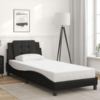 vidaXL Twin Bed Frame with Headboard - Black Faux Leather, Foam-Filled Cushion, Plywood Slats, Modern Waved Design, 81.9 x 41.3 x 29.3 Inches